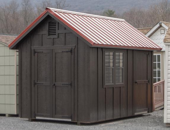 8x12 Cape Cod Storage Shed with Ebony Polyurethane on LP Board 'N' Batten Siding and Red Metal Roof